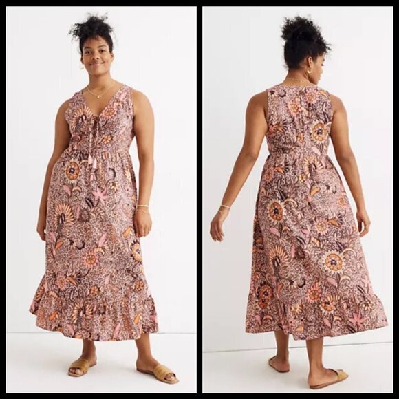 💕MADEWELL💕 Lace-Up Ruffle-Hem Midi Dress ~ Bali Blooms Print 10 (Regular Fit) - Picture 4 of 16